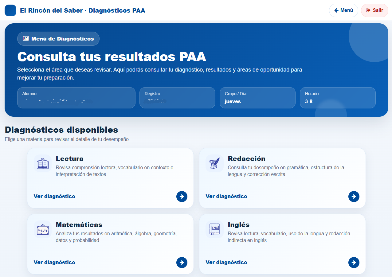 Menú de diagnósticos PAA